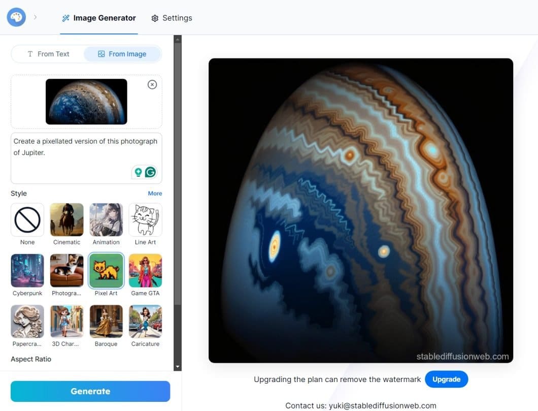 A screenshot showing rendering of a Stable Diffusion-generated image using the "pixellated" style preset.